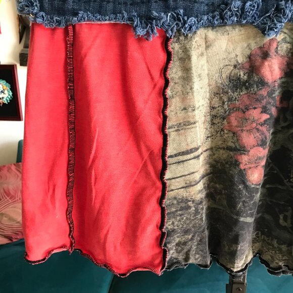 EDDIE BAUER size 12 Blue Stretch Denim OOAK Artisan Pieced Jersey Upcycled Skirt - Picture 3 of 6